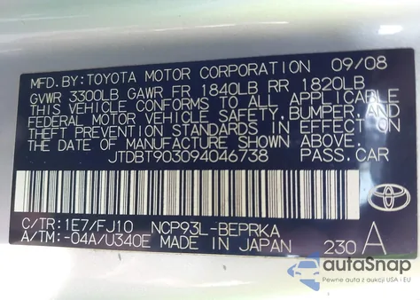 2009 Toyota Yaris from USA, damaged, VIN JTDBT903094046738